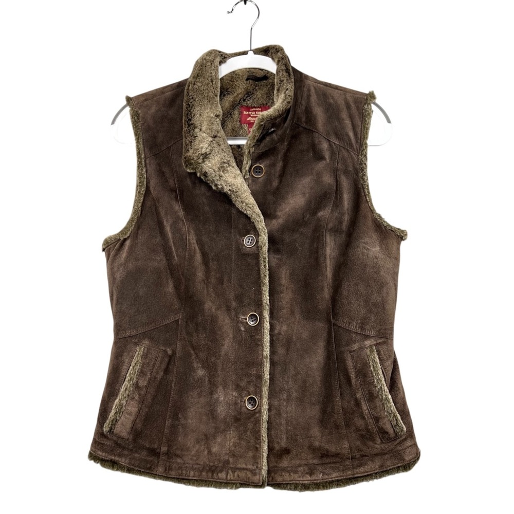 Eddie Bauer‎ Vest Women's M Brown Faux Fur Lining Genuine Leather Seattle Suede